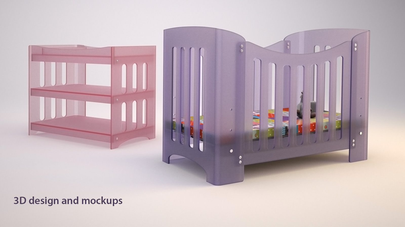 3D rendition of a stylish baby cot and shelf in pastel acrylic finish.