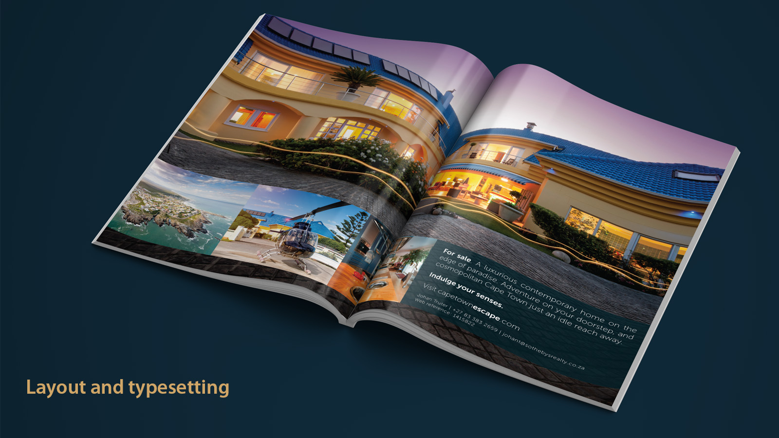 Open magazine with double-page spread advertising a luxury home.