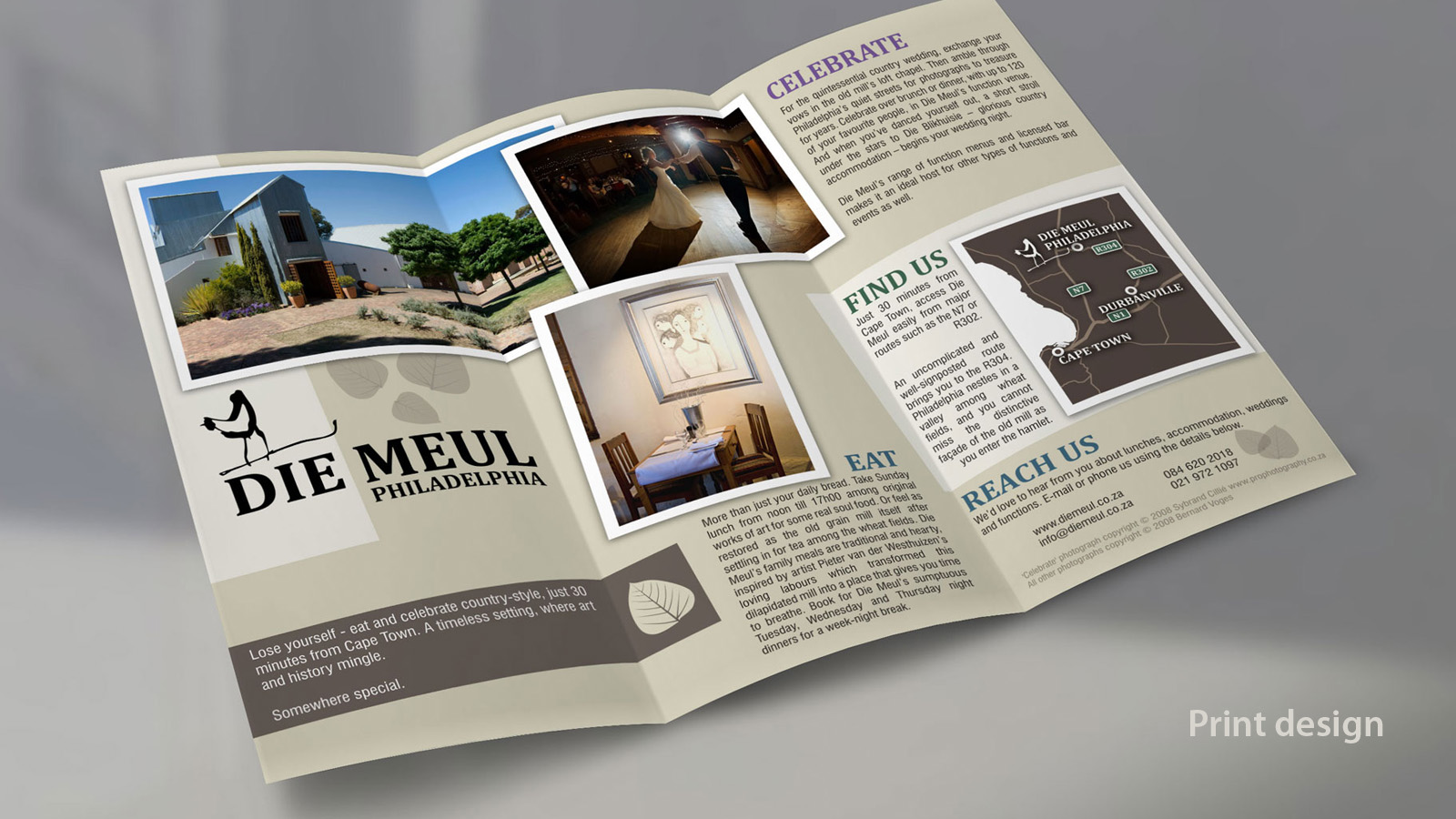 Trifold brochure for Die Meul venue.