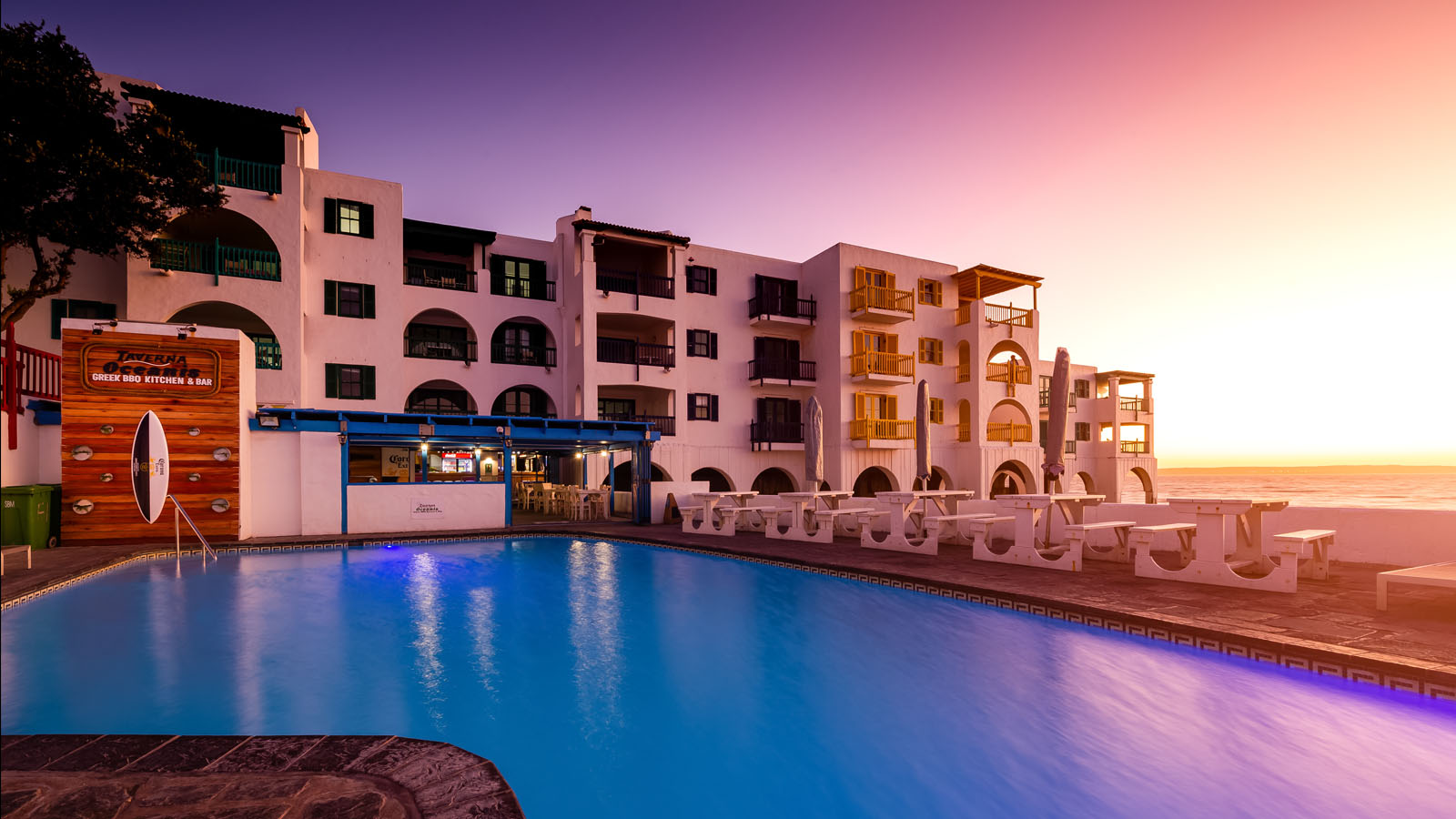 View over swimming pool at Club Mykonos resort.